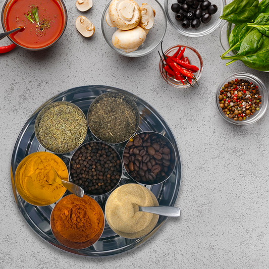 stainless steel box with window and compartments for spices or kitchen storage or snack storage