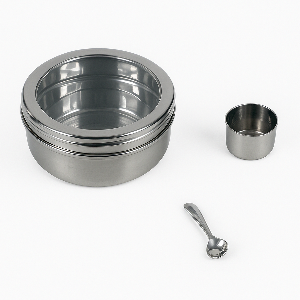 stainless steel box with window and compartments for spices or kitchen storage or snack storage
