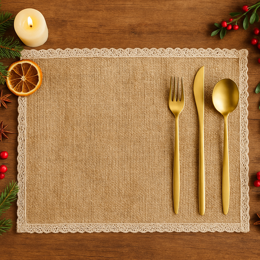 Burlap Jute placemat with cotton lace for elegant dining or weddings or events table decor