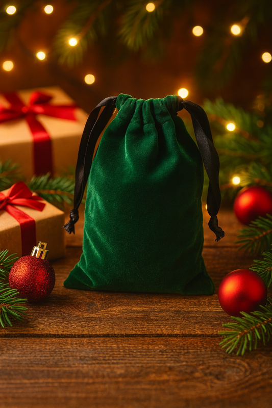 Green velvet drawstring bag wedding favor on a wooden surface with Christmas decorations and lights in the background.