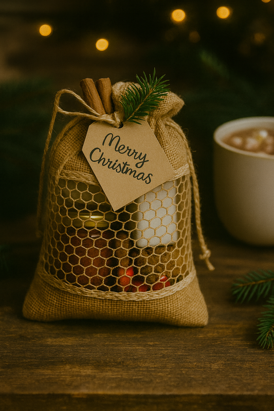 Burlap bag wedding favor with cotton mesh and cinnamon sticks, tied with a 'Merry Christmas' tag, on a wooden surface with a blurred background.