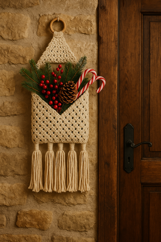 Boho macrame wall hanging with festive christmas and holiday elements on a stone wall.