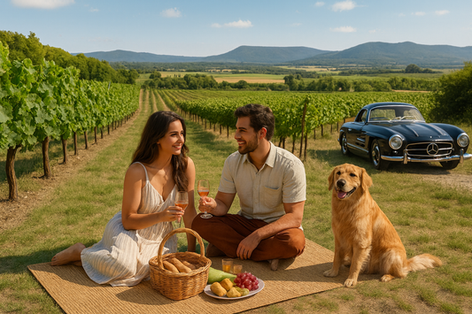 Couple with a dog having a picnic in a vineyard with a vintage car in the background sitting on a water hyacinth wicker hand woven picnic mat