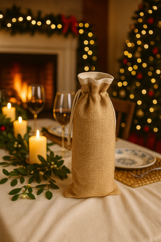 Burlap wine bag with wine bottle on a table with Christmas decorations including a tree and candles.