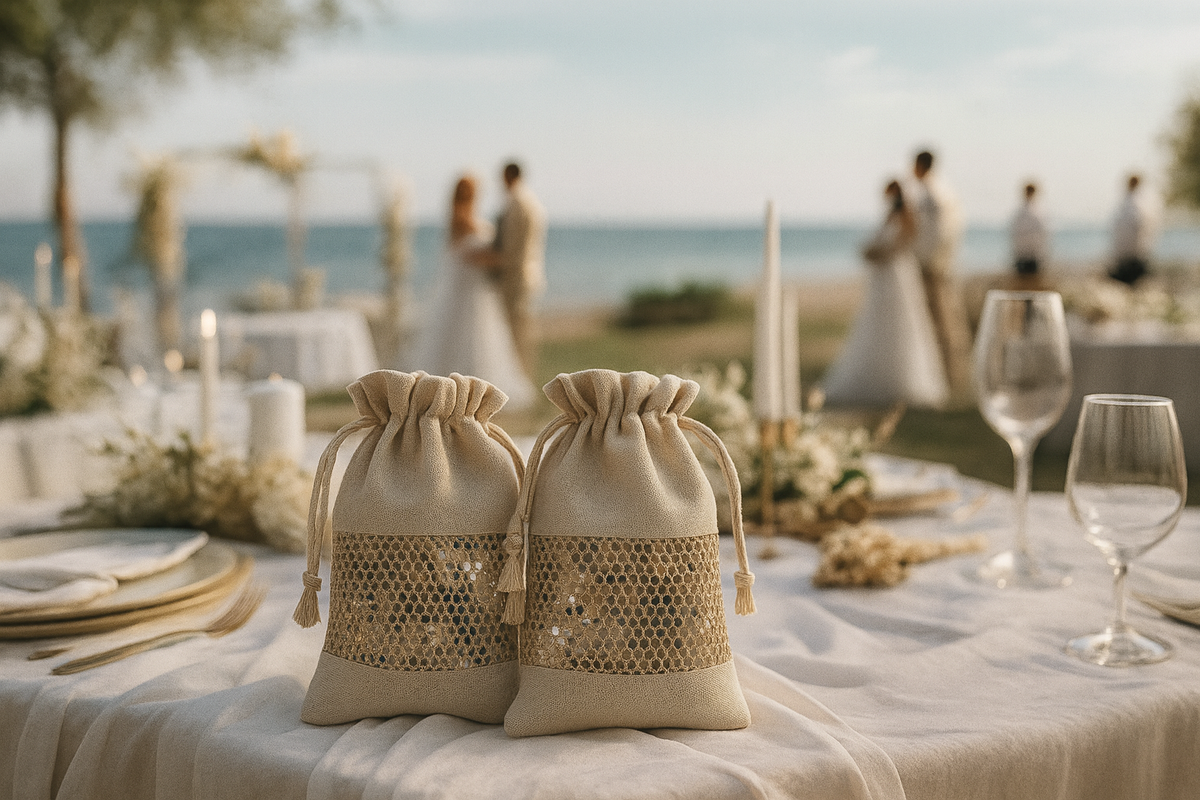 Canvas Favor Bags with Drawstring & Mesh Window 5x8 or 8x12 inches