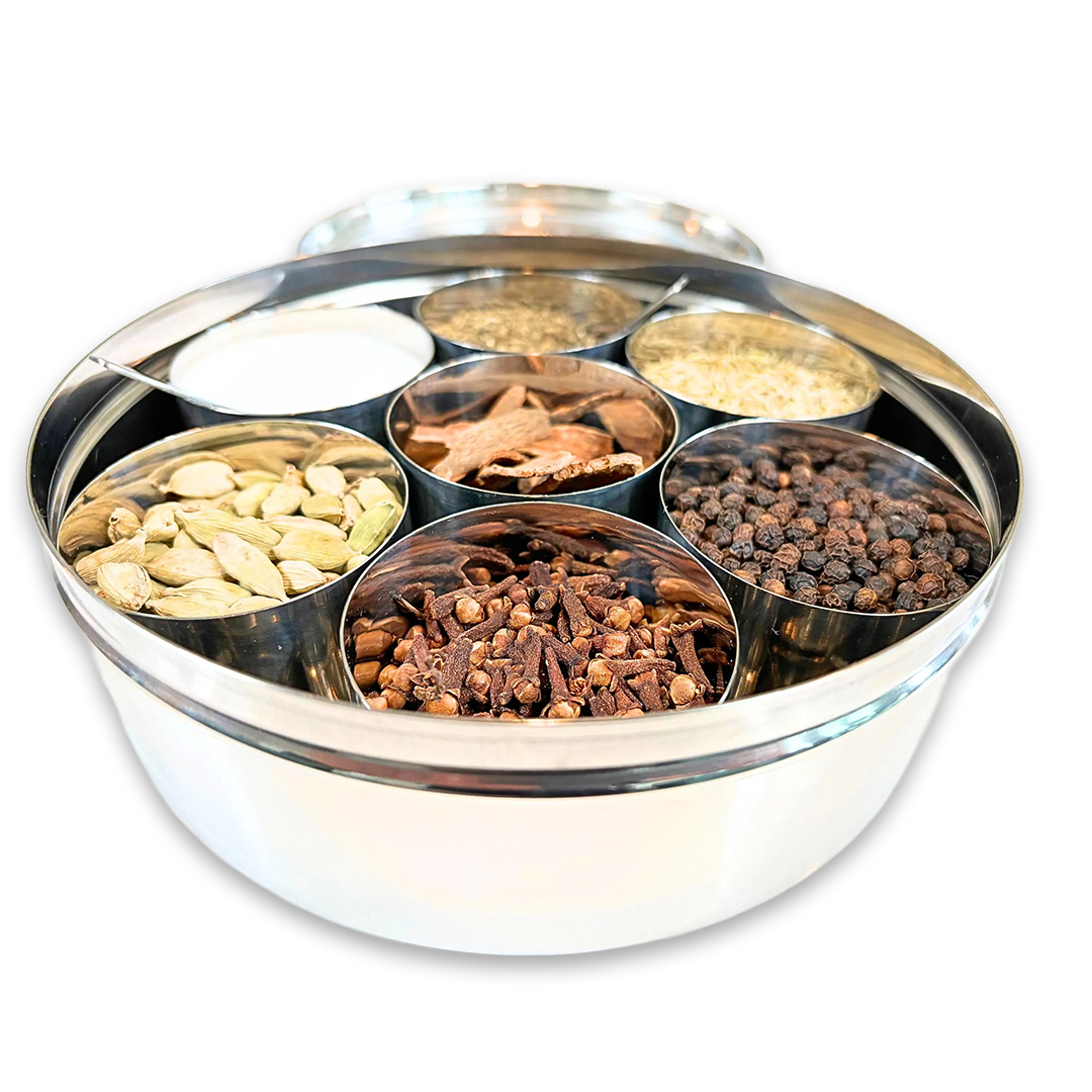 stainless steel box with window and compartments for spices or kitchen storage or snack storage