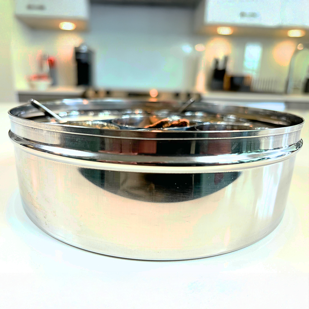 stainless steel box with window and compartments for spices or kitchen storage or snack storage