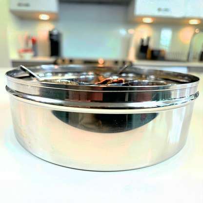 stainless steel box with window and compartments for spices or kitchen storage or snack storage