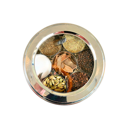 stainless steel box with window and compartments for spices or kitchen storage or snack storage