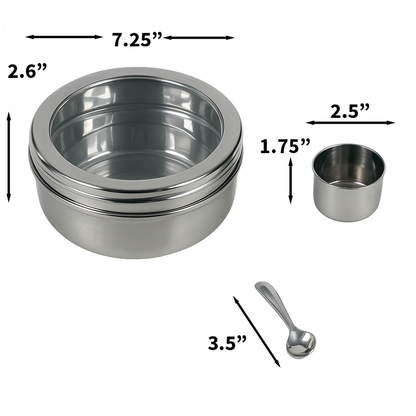 stainless steel box with window and compartments for spices or kitchen storage or snack storage