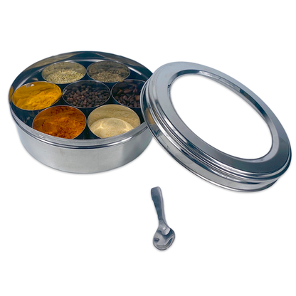 stainless steel box with window and compartments for spices or kitchen storage or snack storage