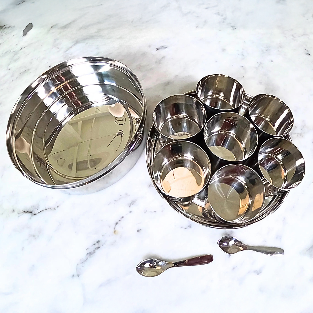 stainless steel box with window and compartments for spices or kitchen storage or snack storage