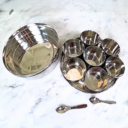 stainless steel box with window and compartments for spices or kitchen storage or snack storage