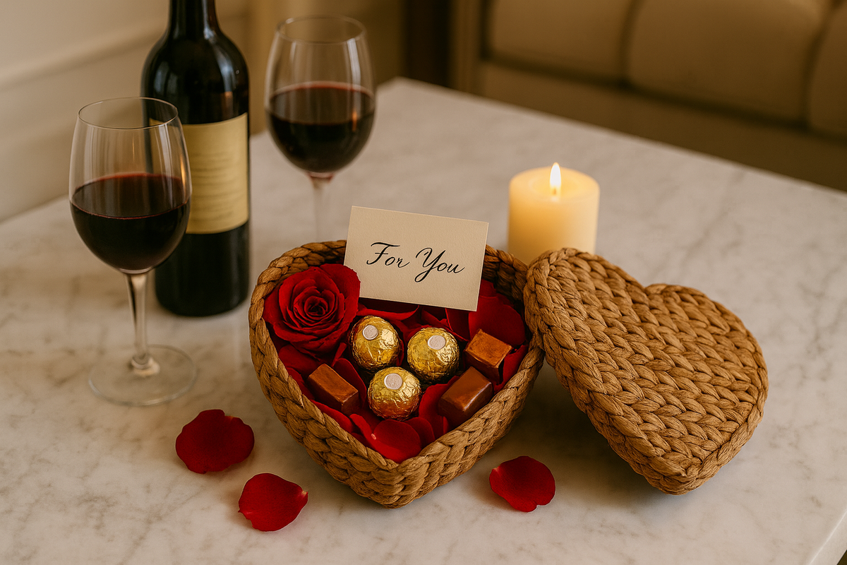 Heart-shaped woven water hyacinth gift basket with chocolates, a rose, and a card on a table with wine glasses and a candle.