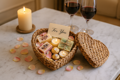 woven water hyacinth heart shaped basket with candles, small gift boxes, and rose petals on a marble surface with two glasses of red wine in the background.