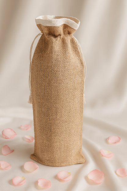 Jute winebag with a white top on a beige background with pink rose petals.