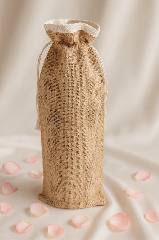 Jute winebag with a white top on a beige background with pink rose petals.