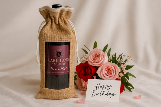 Burlap Jute Wine bag with window with a bouquet of roses and a 'Happy Birthday' card on a plain background