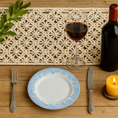Organic Cotton Macrame Table Runner Natural, Woven 76 inches long