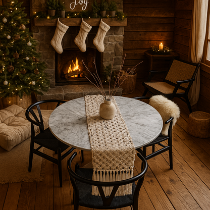 macrame table runner handwoven boho elegant holiday  christmas dining table 