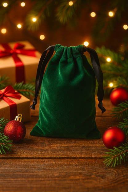 Green velvet drawstring bag wedding favor on a wooden surface with Christmas decorations and lights in the background.