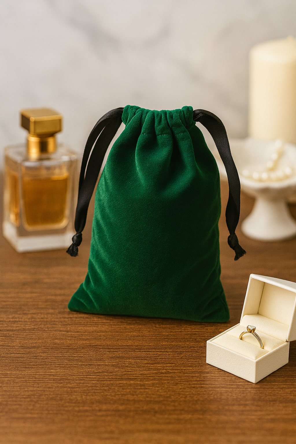 Green velvet drawstring bag or wedding favor on a wooden surface with a perfume bottle and open jewelry box.