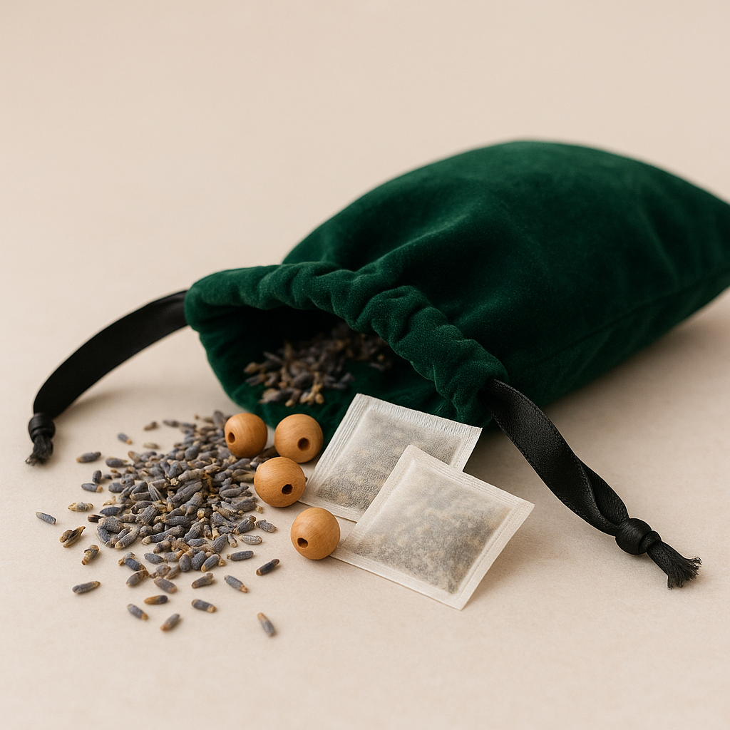 Green velvet drawstring bag or wedding favor with lavender, wooden beads, and tea bags on a beige background