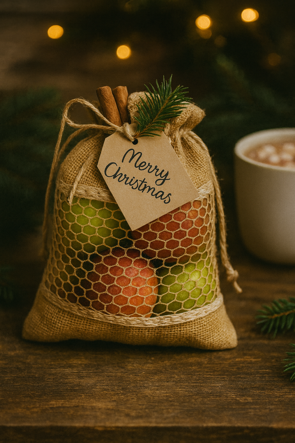 Burlap bag wedding favor with cotton mesh filled with fruits, cinnamon stick, and pine sprig, with a 'Merry Christmas' tag, on a wooden surface with a blurred background.