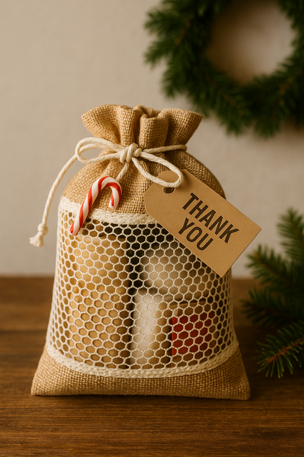 Burlap bag wedding favor with mesh window and candy canes, tied with a string, on a wooden surface with a Christmas wreath in the background.
