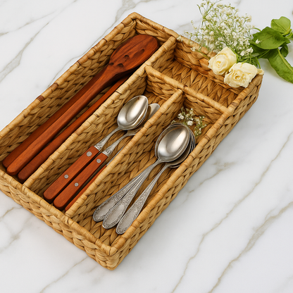 Wicker water hyacinth  rectangular cutlery holder with wooden spoons and silver forks on a marble surface.