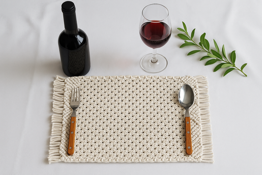 Woven boho macrame placemat with cutlery and a glass of red wine on a white surface