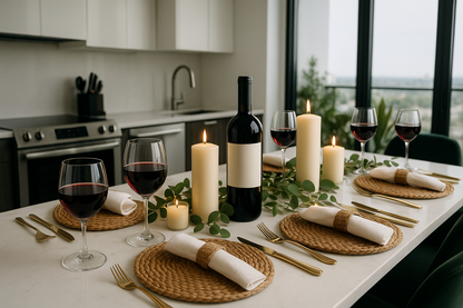 Dining table set with wine glasses, bottles, candles, and woven wicker water hyacinth placemats and settings in a kitchen.