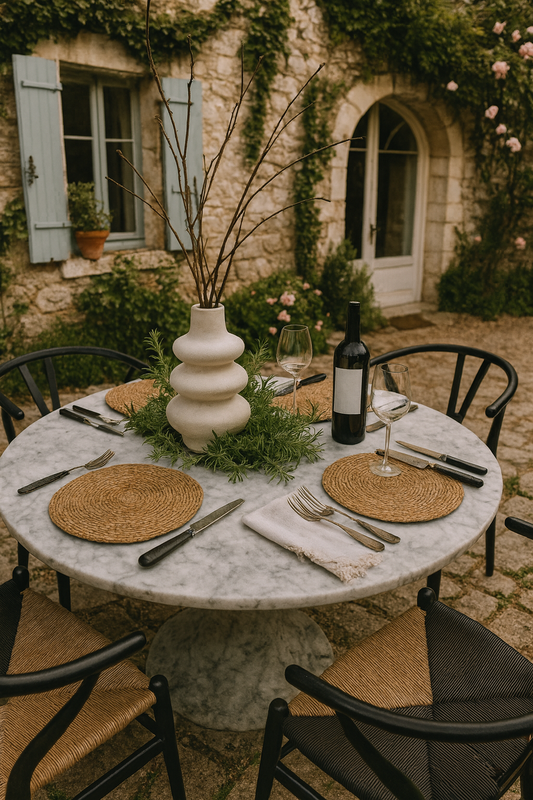 Outdoor dining setup with marble table, woven water hyacinth wicker placemats wine bottle, and glasses in a rustic setting.