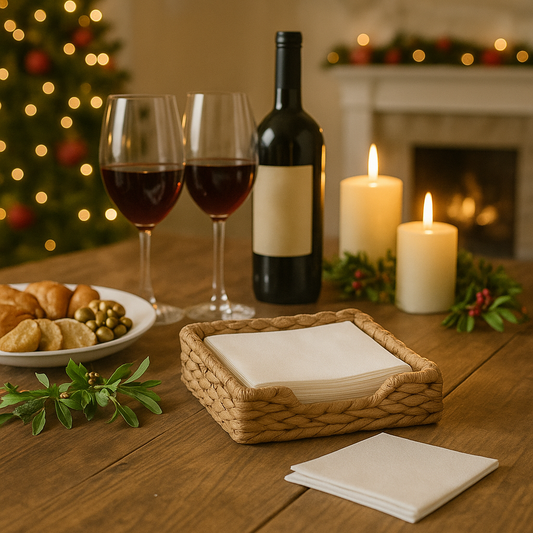 Wine bottle, glasses, and snacks on a table with candles and a Christmas tree in the background with water hyacinth wicker woven napkin tray
