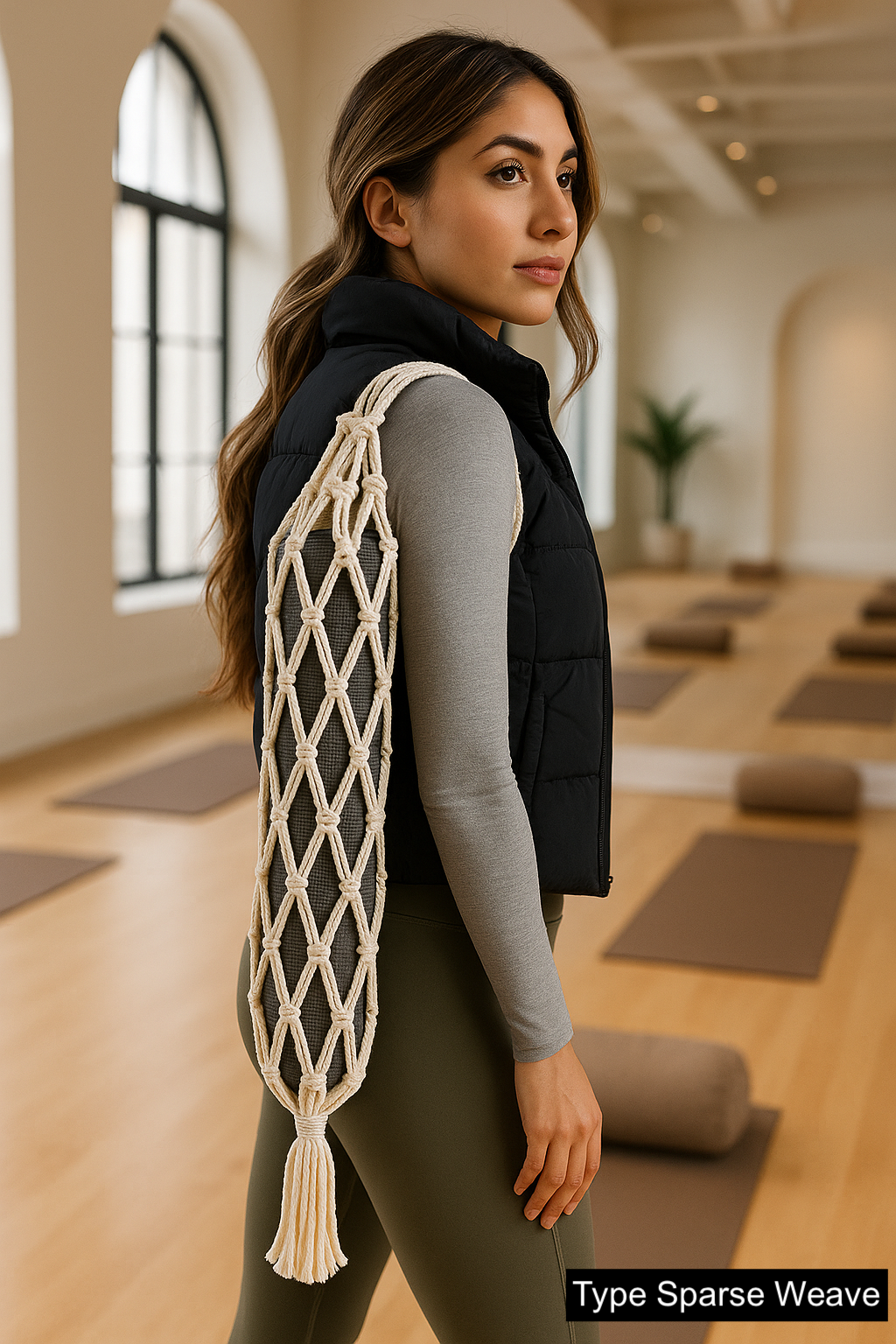 Organic Cotton Macrame Yoga Mat Carrier Bag with Shoulder Strap