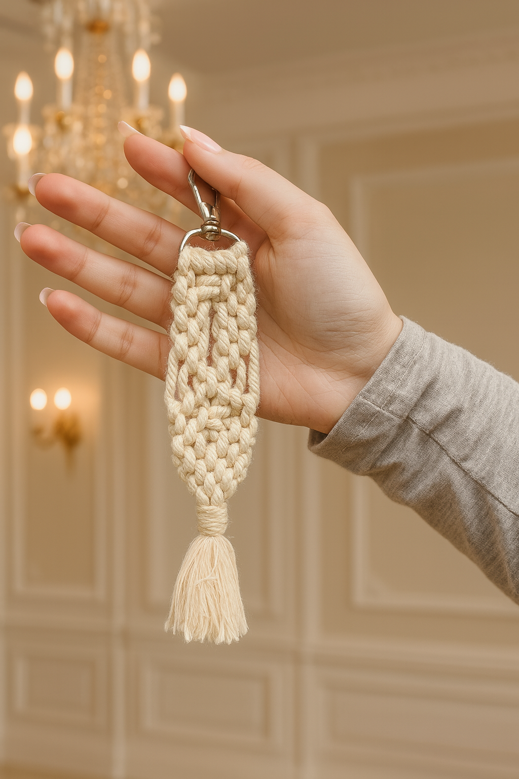Hand holding a macrame keychain with a chandelier in the background