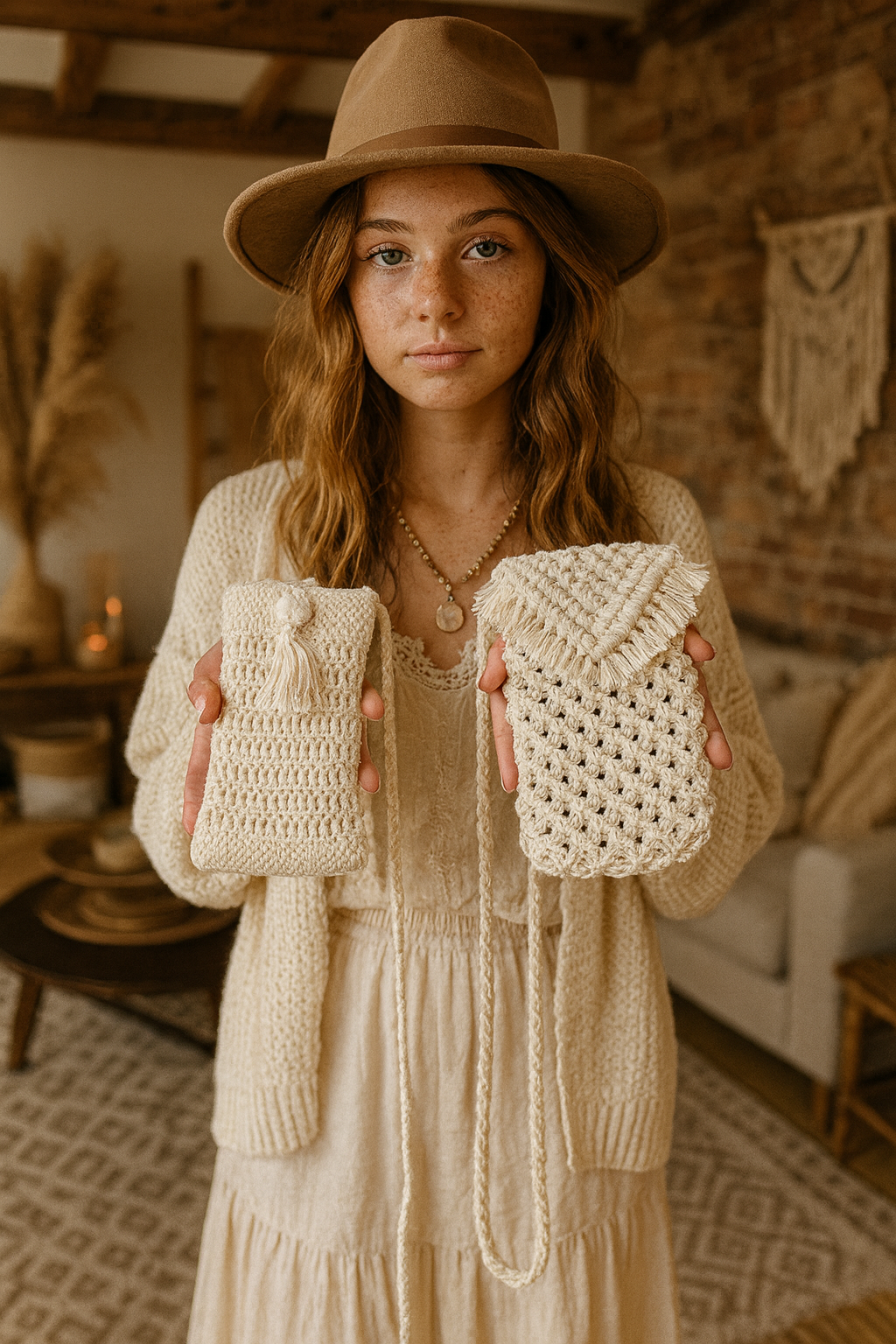 Woman holding two phone bags one macrame another crochet in a cozy indoor setting