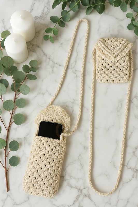 Macrame phone bag with a long strap on a marble surface with greenery.