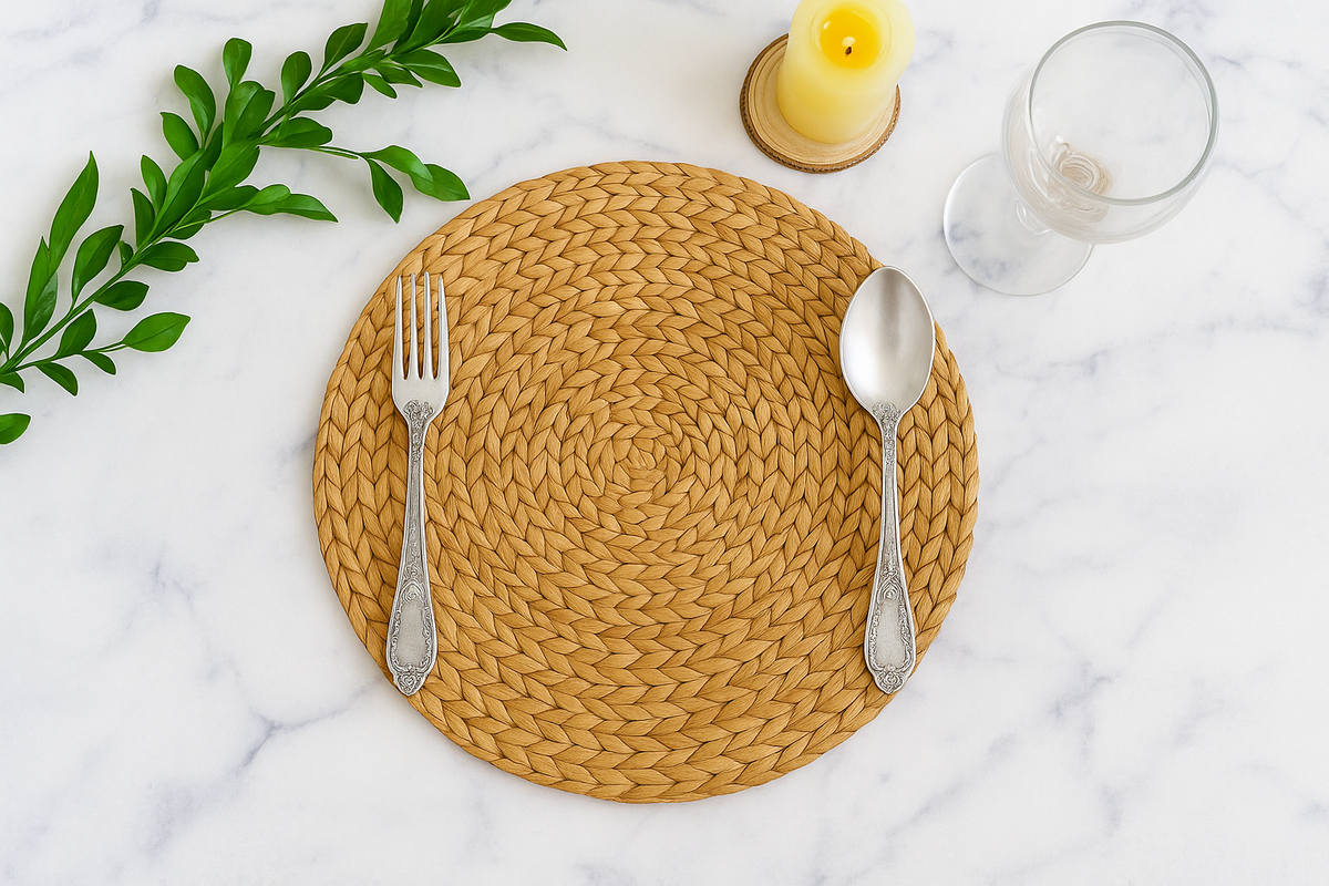 Woven water hyacinth round wicker placemat with silverware on a marble surface with a candle and glass.