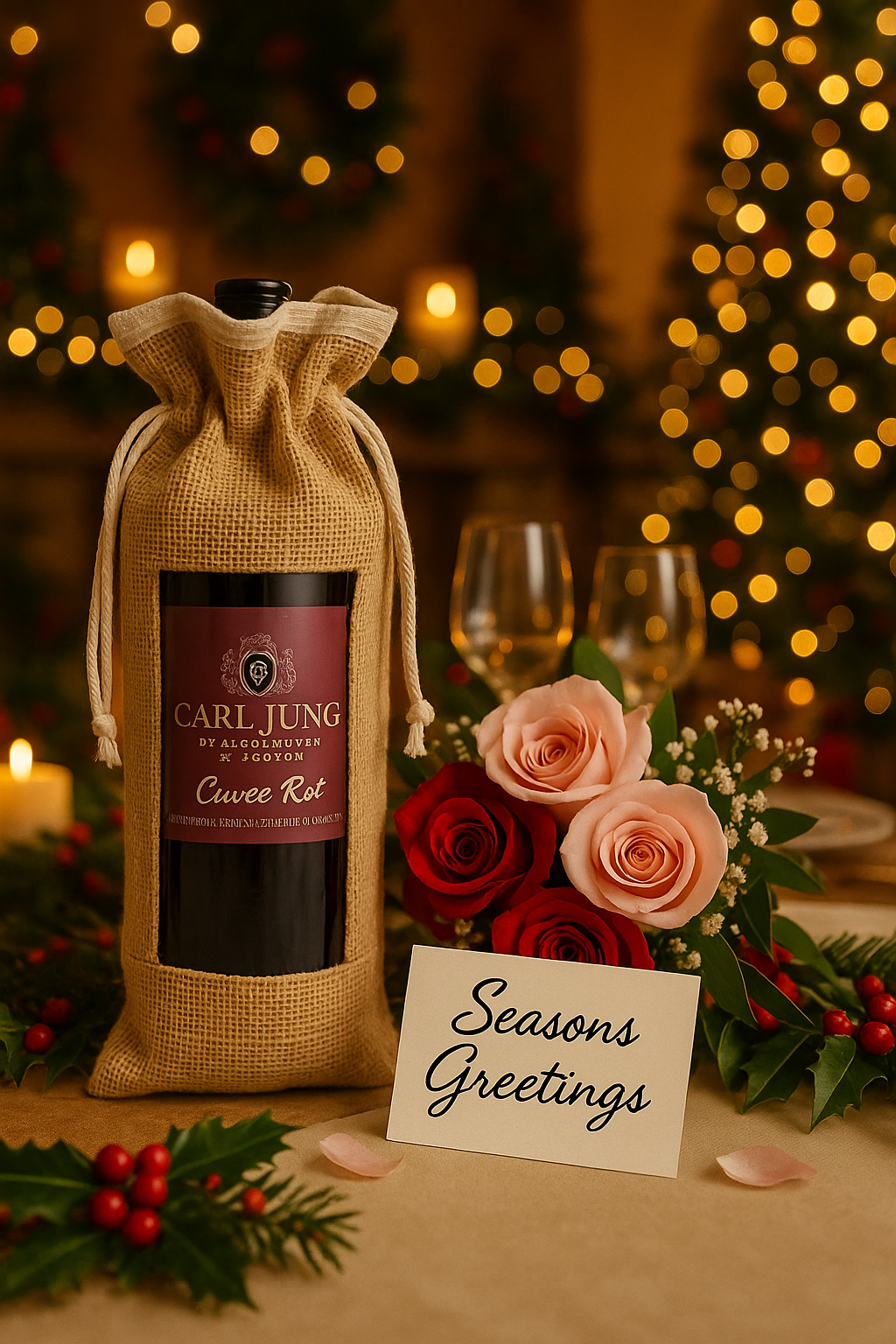 Wine bottle in a burlap wine bag with a 'Seasons Greetings' card, surrounded by flowers and Christmas decorations.