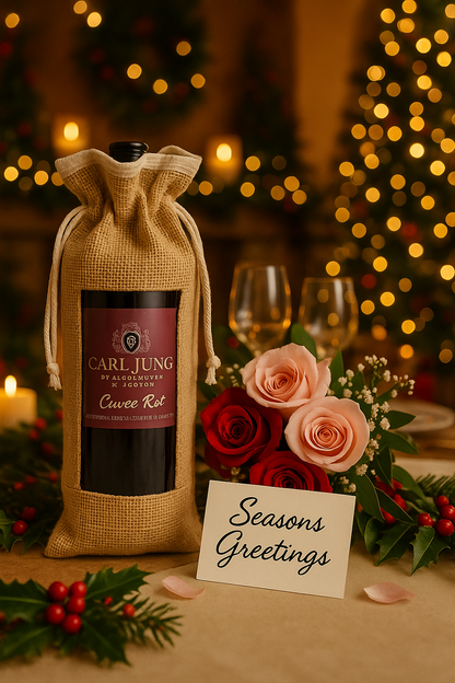 Wine bottle in a burlap wine bag with a 'Seasons Greetings' card, surrounded by flowers and Christmas decorations.