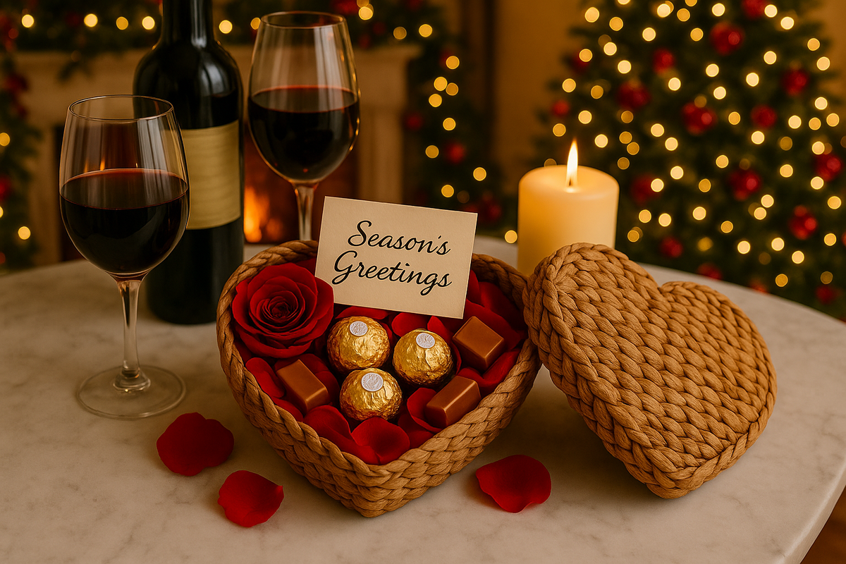 Heart-shaped water hyacinth wicker woven gift basket with chocolates, wine glasses, and a candle on a table with Christmas decorations.