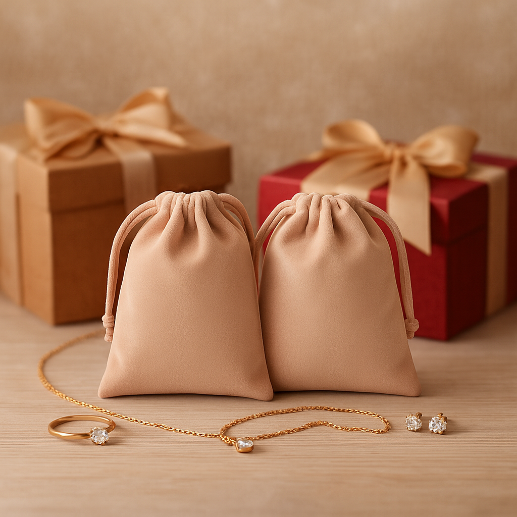 Two pink velvet drawstring bags favors on a wooden surface with Christmas decorations including red berries and pine cones.