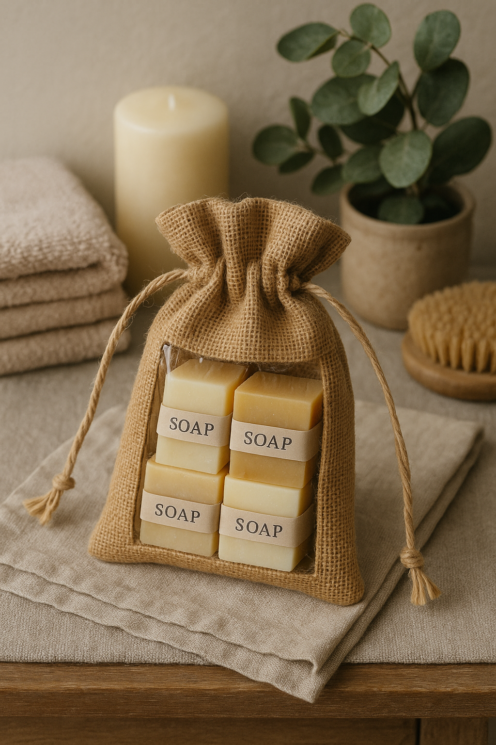 Four bars of soap in a burlap bag with window on a wooden surface with a candle and plant in the background.
