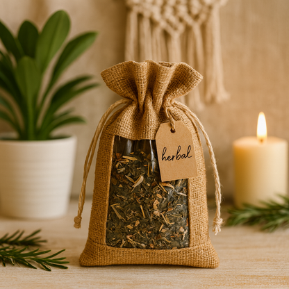 Herbal tea in a burlap bag with a window a candle and plant in the background