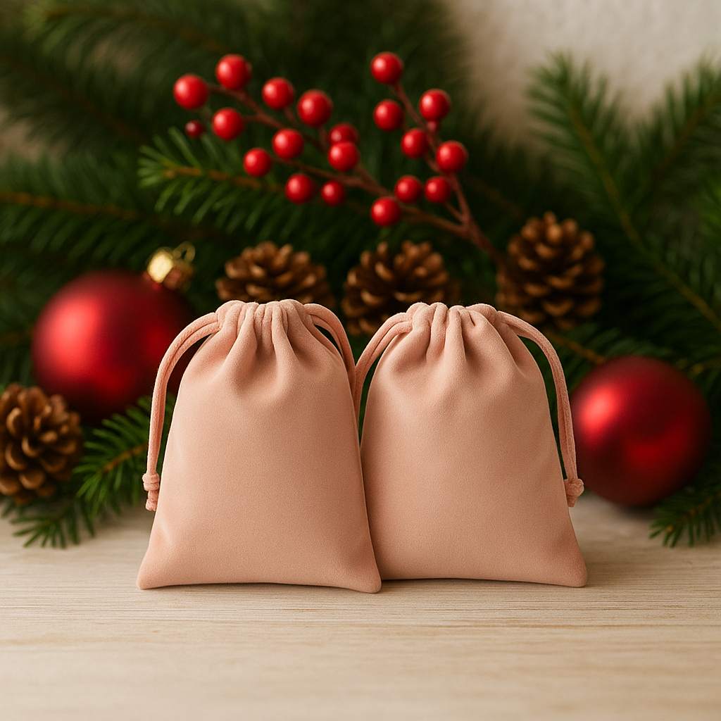 Two pink velvet drawstring bags favors on a wooden surface with Christmas decorations including red berries and pine cones.