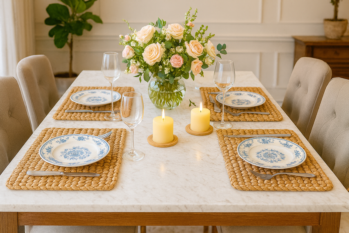 Water Hyacinth Placemats, Mats, Sustainable living, Dining table set with plates, glasses, candles, and a floral centerpiece.