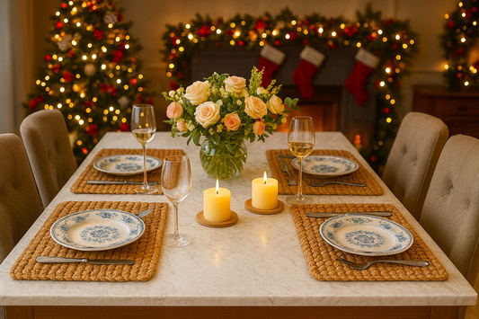 Dining table set for a festive meal with Christmas decorations, including a tree and stockings and water hyacinth woven wicker rectangular placemats