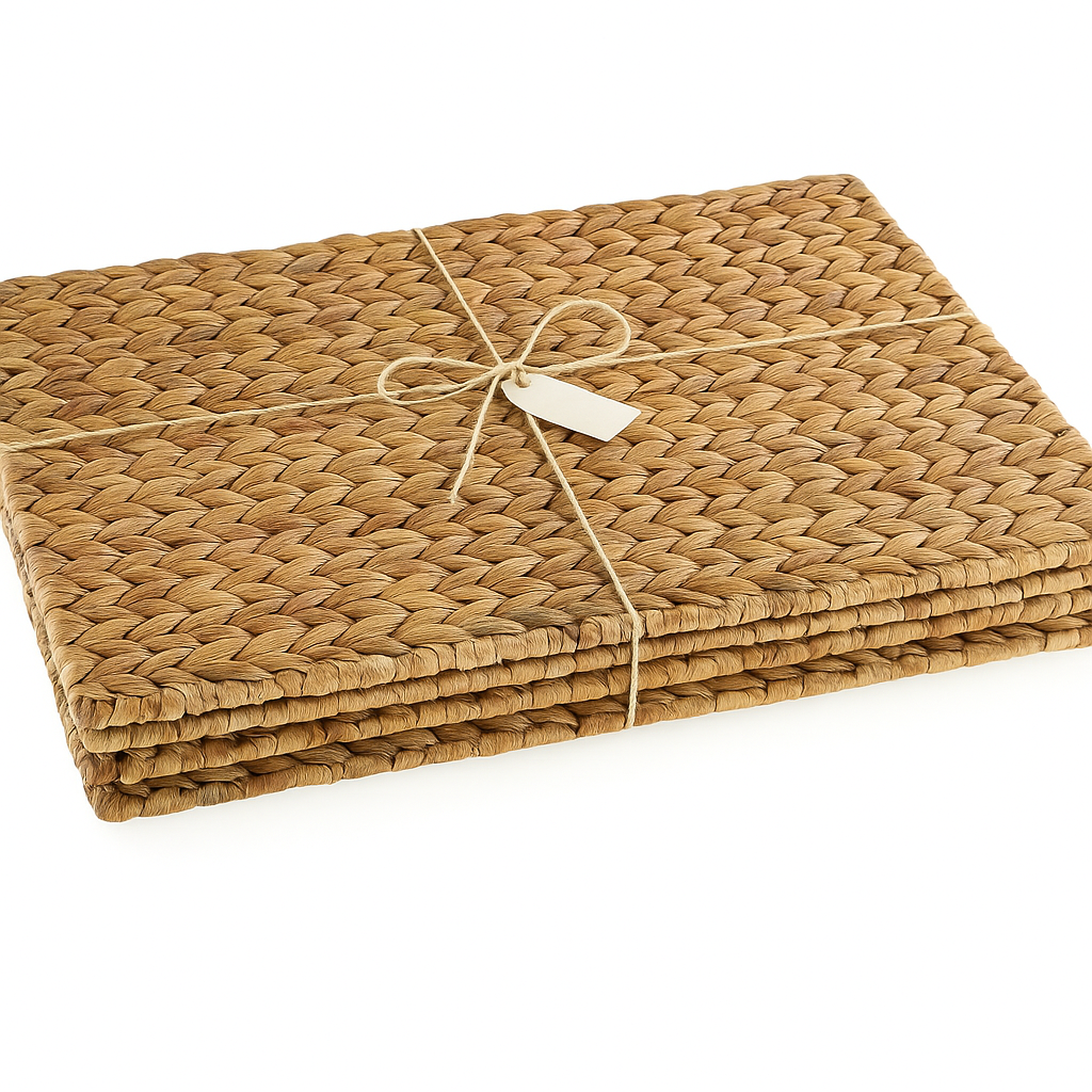 Stack of woven placemats tied with string on a white background Water Hyacinth Placemat, Mat, Sustainable living, Seagrass Placemat