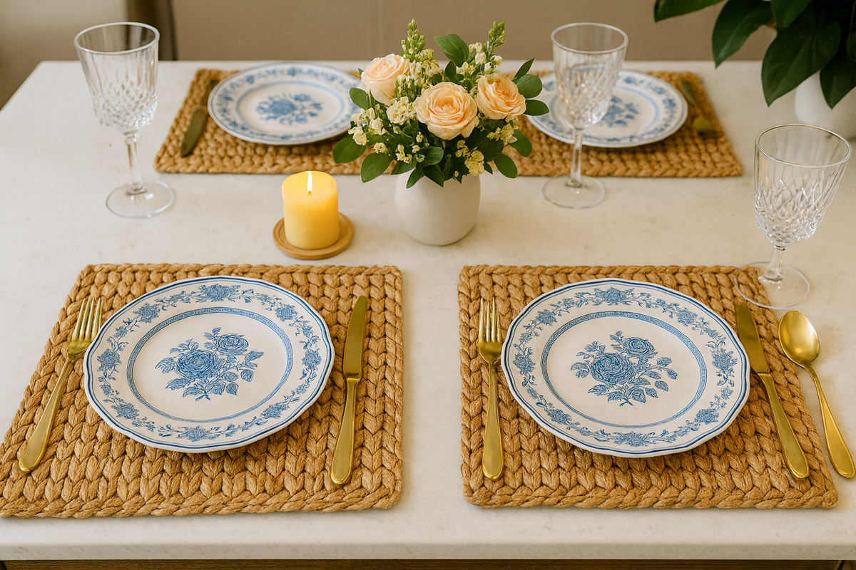 Dining table setting with floral centerpiece, plates, cutlery, and candles.
Water Hyacinth Placemat, Mat, Sustainable living, Seagrass Placemat